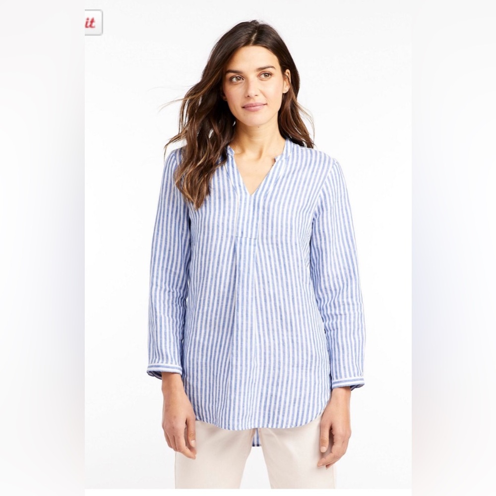 L.L Bean Women's Premium Linen Shirt, Splitneck Tunic Long-Sleeve Stripe Size M